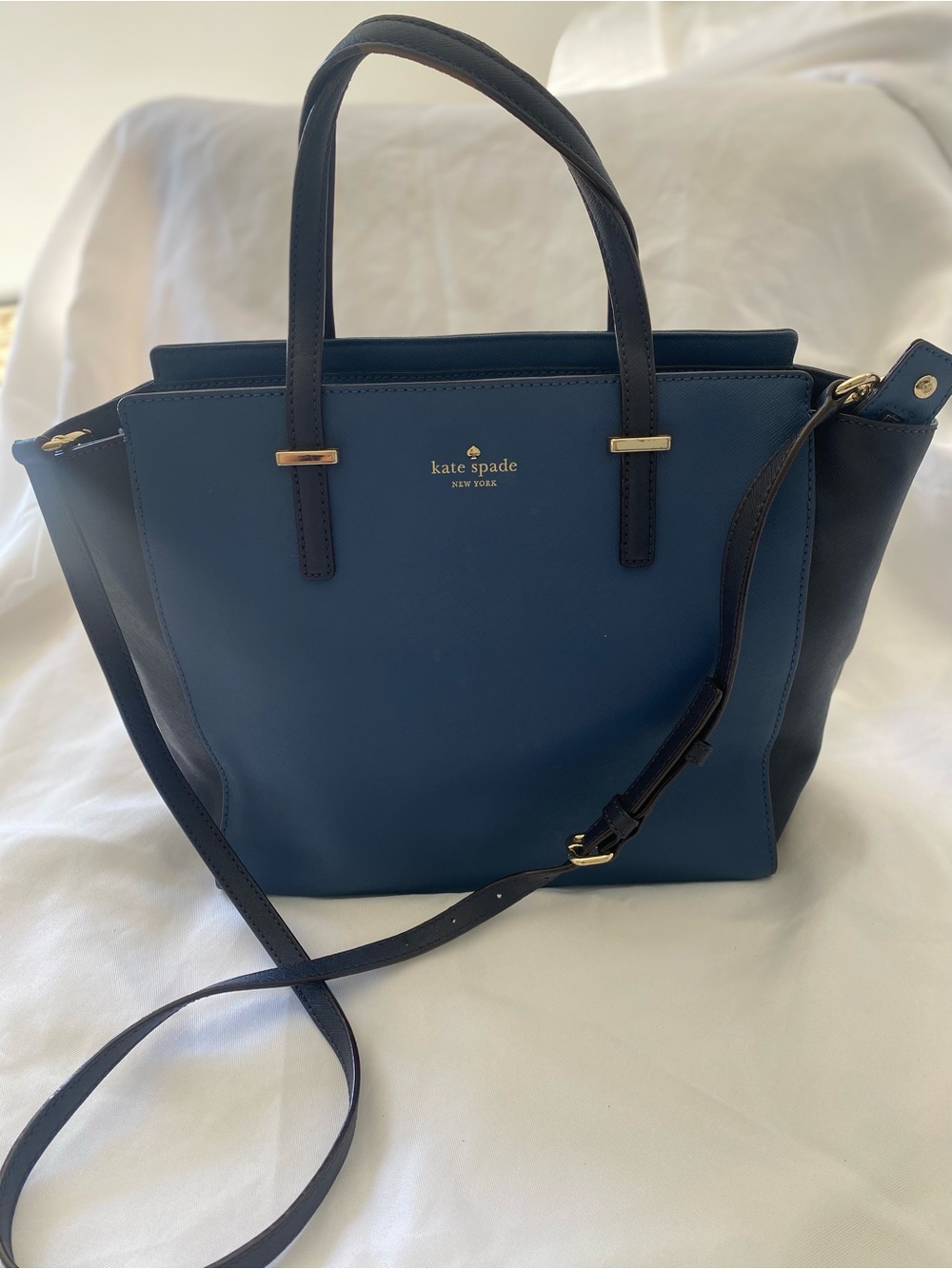 kate spade navy and blue leather satchel with crossbody strap